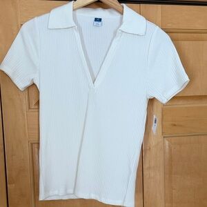 White Ribbed Short Sleeve Polo Top